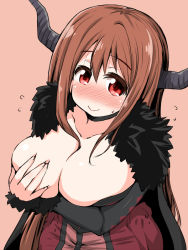 Rule 34 | 10s, 1girl, :&gt;, blush, breasts, brown hair, cape, choker, cleavage, covering privates, covering breasts, dress, flying sweatdrops, fur trim, horns, large breasts, long hair, looking at viewer, maou (maoyuu), maoyuu maou yuusha, naitou kouse, red eyes, smile, solo