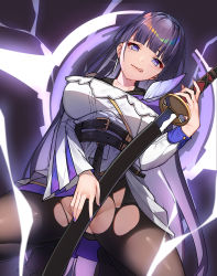 Rule 34 | 1girl, :q, absurdres, belt, belt buckle, blunt bangs, blush, breasts, buckle, closed mouth, collarbone, convenient censoring, earrings, electricity, eyeshadow, gluteal fold, groin, highres, holding, holding sword, holding weapon, honkai (series), honkai impact 3rd, jewelry, kneeling, large breasts, long hair, long sleeves, looking at viewer, makeup, nail polish, no panties, no pants, no shoes, purple eyes, purple hair, purple nails, raiden mei, sheath, sheathed, single earring, smile, solo, spread legs, sword, tongue, tongue out, underbust, very long hair, vierzeck, weapon