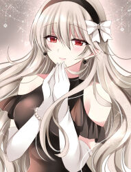 Rule 34 | 1girl, alternate costume, bare shoulders, black dress, black hairband, blush, bow, breasts, closed mouth, clothing cutout, commentary, corrin (female) (fire emblem), corrin (fire emblem), dress, earrings, elbow gloves, fire emblem, fire emblem fates, formal, gloves, grey background, grey hair, hair between eyes, hair bow, hairband, jewelry, kirishima riona, lips, long hair, looking at viewer, medium breasts, nintendo, own hands together, pink lips, pointy ears, red eyes, shoulder cutout, sleeveless, sleeveless dress, smile, solo, very long hair, wavy hair, white bow, white gloves