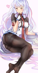 Rule 34 | 10s, 1girl, absurdly long hair, ass, blush, breasts, buttons, commentary request, crop top, dress, eyebrows, finger to own chin, fingerless gloves, gloves, grey background, hair ornament, hair ribbon, unworn headgear, highres, kantai collection, lips, long hair, medium breasts, murakumo (kancolle), murakumo kai ni (kancolle), necktie, no shoes, orange eyes, panties, panties under pantyhose, pantyhose, pink background, red necktie, red ribbon, ribbon, sailor dress, smile, solo, strapless, strapless dress, thighband pantyhose, tress ribbon, tube dress, turtleneck, underwear, untue, very long hair, white hair, white panties