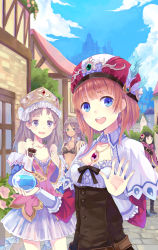 Rule 34 | 4girls, atelier (series), atelier rorona, atelier totori, bare shoulders, bikini, black hair, blue eyes, boots, breasts, building, castle, cleavage, cloud, crossover, day, female focus, flask, hair ribbon, hao (patinnko), hat, headdress, highres, holding, jewelry, long hair, mervia siebel, mimi houllier von schwarzlang, multiple girls, navel, necklace, open mouth, orange hair, purple eyes, purple hair, ribbon, rororina fryxell, short hair, sidelocks, sky, small breasts, swimsuit, totooria helmold, tress ribbon