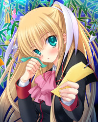 Rule 34 | 1girl, black jacket, blonde hair, blue eyes, bow, bowtie, commentary request, foreshortening, hamada mari, jacket, little busters!, long hair, pink bow, pink bowtie, school uniform, solo, tanabata, tanzaku, tokido saya, twintails, upper body