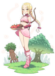 Rule 34 | 1girl, apple, bare shoulders, basket, blush, boots, bow, bow (weapon), braid, breasts, commentary request, elf, food, forehead, fruit, grass, groin, hair bow, hatsunatsu, holding, holding basket, knee boots, long hair, looking at viewer, original, parted bangs, parted lips, pink footwear, pointy ears, red apple, red bow, simple background, single braid, small breasts, solo focus, stick, tree, very long hair, weapon, weapon on back, white background, yellow eyes