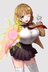 Rule 34 | 10s, 1girl, ;d, aiming, aiming at viewer, black skirt, blazer, blush, breasts, brown eyes, brown hair, buttons, collared shirt, cowboy shot, dress shirt, energy gun, eyebrows, gloves, glowing, grey background, hair ornament, hairclip, hand up, highres, jacket, large breasts, legs apart, light particles, long sleeves, looking at viewer, matching hair/eyes, narusawa ryouka, necktie, occultic;nine, one eye closed, open clothes, open jacket, open mouth, outstretched arm, plaid, plaid skirt, pleated skirt, pocket, ray gun, reco (fortunequest), red necktie, shirt, shirt tucked in, short hair, skindentation, skirt, smile, solo, standing, striped necktie, striped neckwear, thighhighs, weapon, white gloves, white thighhighs