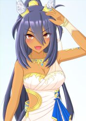 Rule 34 | 1girl, 2-butani, absurdres, animal ears, arm up, armpits, bare shoulders, black hair, blue nails, blush, breasts, cherry blossoms, cleavage, commentary request, dark-skinned female, dark skin, dress, ear covers, fang, gem, gold bracelet, gold necklace, hair between eyes, highres, hishi amazon (hungry veil) (umamusume), hishi amazon (umamusume), horse ears, horse girl, jewelry, long hair, medium breasts, necklace, nontraditional wedding dress, official alternate costume, ponytail, red eyes, simple background, smile, solo, umamusume, upper body, very long hair, wedding dress, white background, white dress