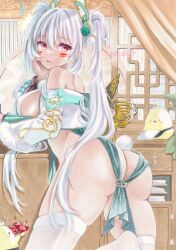 Rule 34 | 1girl, ^^^, alabama (azur lane), alabama (untarnished silver silken gold) (azur lane), animal ears, ass, azur lane, bird, breasts, butt crack, china dress, chinese clothes, commentary request, dark-skinned female, dark skin, dress, fake animal ears, heart, highres, large breasts, long hair, looking back, manjuu (azur lane), marker (medium), official alternate costume, purplepencil, rabbit ears, red eyes, surprised, thighhighs, thighs, traditional media, twintails, very long hair, white hair, white thighhighs