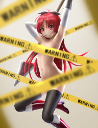 Rule 34 | 10s, 1girl, antenna hair, armpits, arms up, black socks, black thighhighs, blurry, boots, bow, caution tape, censored, censored nipples, convenient censoring, cross, depth of field, detached sleeves, flat chest, food, grin, hair bow, high heels, highres, holding, knee boots, kneehighs, leg lift, long hair, looking at viewer, mahou shoujo madoka magica, mahou shoujo madoka magica (anime), mouth hold, naughty face, navel, nude, parted bangs, pocky, polearm, caution tape, profile, red eyes, red hair, red socks, sakura kyoko, shoes, siraha, smile, socks, solo, spear, tape, tape censor, thighhighs, very long hair, weapon