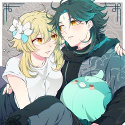 Rule 34 | 1boy, 1girl, alternate costume, blonde hair, blush, breasts, commentary request, contemporary, diamond-shaped pupils, diamond (shape), eyeshadow, facial mark, flower, forehead mark, genshin impact, green hair, hair between eyes, hair flower, hair ornament, hand on another&#039;s back, hand on another&#039;s shoulder, hetero, hug, jacket, long hair, lumine (genshin impact), makeup, medium breasts, multicolored hair, one-armed hug, open mouth, orange eyes, parted bangs, red eyeshadow, shirt, short hair, short hair with long locks, sidelocks, stuffed toy, sweatdrop, symbol-shaped pupils, t0petar0, two-tone hair, white flower, white shirt, xiao (genshin impact)