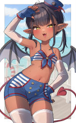 Rule 34 | 1girl, :3, bikini, bikini top only, black hair, blue gloves, blue hat, blue shorts, blurry, blurry background, blush, breasts, brown succubus-chan (trente), cloud, commission, dark-skinned female, dark skin, day, demon girl, demon tail, demon wings, ear piercing, elbow gloves, fang, fingerless gloves, gloves, hand on own hip, hat, heart, highres, innertube, long hair, looking at viewer, ocean, open mouth, original, outdoors, piercing, pointy ears, red tail, shorts, skeb commission, sky, small breasts, solo, sweat, swim ring, swimsuit, tail, thighhighs, trente, twintails, white thighhighs, wings, yellow eyes