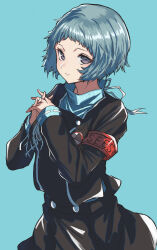 Rule 34 | 1girl, absurdres, aqua background, aqua hair, armband, black dress, closed mouth, commentary, dress, gekkoukan high school uniform, grey eyes, highres, long sleeves, looking at viewer, own hands together, persona, persona 3, red armband, s-m-53413, s.e.e.s, school uniform, short hair, simple background, smile, solo, uniform, yamagishi fuuka