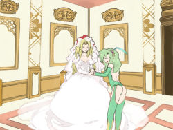 Rule 34 | 1990s (style), 2girls, ass, ass cutout, bare back, blonde hair, breasts, bridal gauntlets, bridal veil, chaps, cleavage, clothing cutout, detached sleeves, dress, closed eyes, fahrenheit, female focus, final fantasy, final fantasy iv, green hair, green legwear, hair ornament, hairband, indoors, juliet sleeves, legs, leotard, long hair, long legs, long sleeves, multiple girls, open mouth, profile, puffy sleeves, rosa farrell, rydia (ff4), standing, tears, thighhighs, thighs, thong leotard, veil, wedding, wedding dress