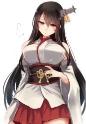 Rule 34 | 1girl, bare shoulders, black hair, blouse, blush, breasts, closed mouth, cowboy shot, detached sleeves, fusou (kancolle), hair between eyes, hakama, hakama short skirt, hakama skirt, headgear, japanese clothes, kantai collection, large breasts, long hair, looking at viewer, nontraditional miko, obi, red eyes, red shirt, sash, shirt, sidelocks, simple background, skirt, solo, utopia, white background, wide sleeves
