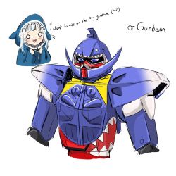 Rule 34 | 1girl, a (phrase), absurdres, animal hood, blue eyes, blue hair, blue hoodie, blunt bangs, blush, clenched hands, cropped torso, crossover, deadlich, english text, gawr gura, gundam, highres, hololive, hololive english, hood, hoodie, mecha, multicolored hair, open mouth, robot, science fiction, shark hood, sharp teeth, silver hair, streaked hair, teeth, turn a gundam, turn a gundam (mobile suit), upper body, virtual youtuber, white background, white eyes