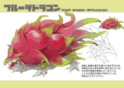 Rule 34 | animal focus, character name, closed mouth, dinosaur, dragon fruit, english text, food focus, from side, full body, highres, japanese text, kumakoro (tetsupag), mixed-language text, multiple views, no humans, open mouth, original, partially colored, profile, simple background, white background, yellow eyes