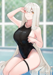 Rule 34 | 1girl, anastasia (fate), bare shoulders, black one-piece swimsuit, blush, breasts, competition swimsuit, day, fate (series), hair over one eye, hand in own hair, hayabusa (vert 320), highleg, highleg swimsuit, highres, large breasts, long hair, looking at viewer, mole, mole on arm, mole on stomach, mole under eye, one-piece swimsuit, orange eyes, original, outdoors, pool, sitting, soaking feet, solo, swimsuit, thigh strap, thighs, white hair