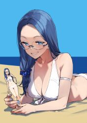 Rule 34 | 1girl, 92m, absurdres, beach, bikini, blue eyes, blue hair, blue nails, breasts, commentary request, dateko (92m), duplicate, figure, fingernails, highres, large breasts, long hair, looking at viewer, lying, nail polish, ocean, on stomach, original, smile, solo, swimsuit, white bikini