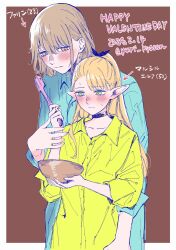 Rule 34 | 2girls, blonde hair, blush, breasts, chocolate, chocolate making, choker, commentary request, dungeon meshi, elf, falin touden, falin touden (tallman), green eyes, highres, holding, long hair, long sleeves, marcille donato, multiple girls, pointy ears, short hair, simple background, translation request, valentine, yuri, yuri kyanon