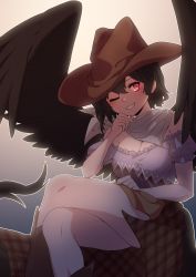 Rule 34 | 1girl, absurdres, bandana, bare shoulders, beige background, black hair, black wings, blue background, blue shirt, blush, breasts, brown hat, brown skirt, cleavage, cowboy hat, crossed legs, feathered wings, feet out of frame, frills, gradient background, grin, hair between eyes, hand up, hat, head tilt, highres, kurokoma saki, looking at viewer, medium breasts, off-shoulder shirt, off shoulder, one eye closed, plaid, plaid skirt, puffy short sleeves, puffy sleeves, red eyes, shirt, short hair, short sleeves, sitting, skirt, smile, solo, thighs, touhou, tuck (tuck23978434), wings