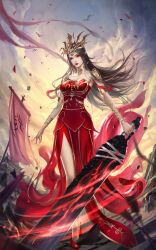 Rule 34 | 1girl, absurdres, arrow (projectile), banner, bare legs, bare shoulders, battle standard, battlefield, bird, black hair, cai lin (doupo cangqiong), doupo cangqiong, dress, earrings, energy, falling petals, full body, high heels, highres, holding, holding sword, holding weapon, jewelry, long hair, pelvic curtain, petals, pointy ears, red dress, second-party source, solo, sword, tiara, war banner, weapon, xiaoxuan chuang wxc