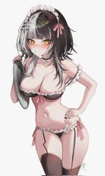 Rule 34 | 1girl, alternate costume, bare arms, bare shoulders, bikini, black bikini, black garter straps, black hair, black thighhighs, blush, breasts, choker, cleavage, closed mouth, commentary, corrupted twitter file, cowboy shot, english commentary, frilled bikini, frilled choker, frills, garter straps, hair ornament, hand on own hip, highres, hololive, hololive english, large breasts, looking at viewer, maid, maid bikini, maid headdress, multicolored hair, navel, rosebell, shiori novella, short hair with long locks, signature, simple background, solo, split-color hair, stomach, strap slip, streaked hair, swimsuit, thighhighs, tray, unconventional maid, virtual youtuber, white background, white hair, white headdress, yellow eyes