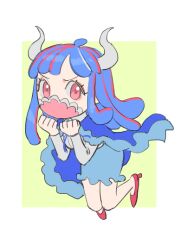 Rule 34 | 1girl, ahoge, blue cape, blue hair, blue skirt, cape, chibi, collared shirt, covered mouth, curled horns, dinosaur girl, full body, horns, jewelry, long hair, mask, mouth mask, multicolored hair, necklace, one piece, pink eyes, pink hair, pink mask, raine (acke2445), red footwear, shirt, skirt, solo, streaked hair, ulti (one piece), white shirt