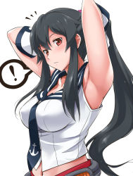 Rule 34 | !, 10s, 1girl, ^^^, anchor, armpits, arms up, black hair, blush, breasts, gloves, kantai collection, large breasts, long hair, looking at viewer, midriff, navel, necktie, personification, ponytail, red eyes, sidelocks, simple background, sleeveless, solo, speech bubble, spoken exclamation mark, white background, white gloves, yahagi (kancolle), youkan