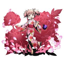 Rule 34 | 10s, 1girl, cherry blossoms, divine gate, flower, full body, hair ribbon, japanese clothes, kaname madoka, kimono, leg up, looking at viewer, mahou shoujo madoka magica, mahou shoujo madoka magica (anime), official art, open mouth, pink flower, pink hair, pink kimono, red eyes, red ribbon, ribbon, sash, shadow, short hair, short twintails, solo, standing, transparent background, twintails, ucmm, yukata