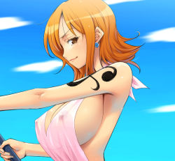 Rule 34 | 1girl, alternate breast size, backless dress, backless outfit, breasts, brown eyes, covered erect nipples, dress, earrings, hairu, halterneck, holding, huge breasts, jewelry, nami (one piece), one piece, orange hair, see-through, short hair, sideboob, smirk, solo, tattoo, upper body