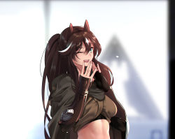 Rule 34 | 1girl, ;d, animal ears, arknights, breasts, brown hair, brown shirt, cape, commentary request, crop top, green eyes, grey cape, hair between eyes, hands up, highres, horse ears, indoors, long hair, looking at viewer, medium breasts, meteor (arknights), midriff, one eye closed, open mouth, shijie jianfa, shirt, smile, solo, upper body
