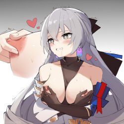 Rule 34 | 1girl, absurdres, black gloves, blush, breasts, breasts out, bronya rand, clenched teeth, collarbone, drooling, earrings, elbow gloves, female masturbation, gloves, gradient background, grey background, grey eyes, grey hair, hair between eyes, heart, heart-shaped pupils, highres, honkai: star rail, honkai (series), huichaz, jewelry, large breasts, long hair, masturbation, nipple stimulation, nipple tweak, nipples, solo, symbol-shaped pupils, teeth, trembling, tweaking own nipple, upper body, white background