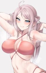 Rule 34 | 1girl, absurdres, ahoge, arm up, bare arms, bare shoulders, bikini, blue eyes, blurry, blush, breasts, cleavage, collarbone, commentary request, criss-cross halter, depth of field, ear blush, grey background, grin, hair lift, halterneck, hand in own hair, hand up, highres, large breasts, long hair, looking at viewer, love live!, love live! nijigasaki high school idol club, mole, mole under eye, multi-strapped bikini, nasuno (nasuno42), navel, parted lips, pink hair, red bikini, side-tie bikini bottom, sidelocks, simple background, smile, solo, standing, steaming body, stomach, sweat, swept bangs, swimsuit, upper body, wet, wet hair, zhong lanzhu