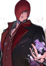 Rule 34 | 1boy, beniazumaru, closed mouth, fire, hair over one eye, highres, jacket, jewelry, looking at viewer, necklace, purple fire, pyrokinesis, red eyes, red hair, red jacket, shirt, short hair, simple background, solo, the king of fighters, upper body, white background, yagami iori