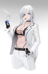 Rule 34 | 1girl, absurdres, belt, black bra, black choker, black gloves, blue eyes, bra, breasts, brown belt, choker, cigarette, cigarette holder, cleavage, collarbone, cropped legs, cup, earrings, glass, gloves, hand on own hip, highres, holding, holding cup, jacket, jewelry, long hair, looking at viewer, mark jin, medium breasts, mole, mole on breast, mouth hold, multicolored hair, navel, necklace, open clothes, open jacket, original, pants, simple background, smoking, solo, standing, streaked hair, underwear, white hair, white jacket, white pants