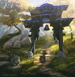 Rule 34 | 1girl, absurdres, architecture, artist name, basket, bell, bloomers, boots, bow-shaped hair, brown hair, commentary, dappled sunlight, day, dress, east asian architecture, english commentary, facing away, flower, full body, genshin impact, grass, hair bell, hair ornament, highres, himaeart, jingle bell, knee boots, long sleeves, mountain, outdoors, radish, red ribbon, ribbon, rock, scenery, shade, sky, solo, standing, statue, sunlight, tree, underwear, vision (genshin impact), white bloomers, white footwear, yaoyao (genshin impact), yellow flower