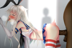 Rule 34 | 10s, 1boy, 1girl, ass, bare shoulders, blonde hair, blush, breasts, clothed female nude male, clothes lift, cowboy shot, crop top, dark-skinned male, dark skin, elbow gloves, gloves, hairband, heavy breathing, hetero, interracial, kantai collection, long hair, male pubic hair, microskirt, midriff, nude, penis, profile, pubic hair, puririn, red thighhighs, saliva, see-through, sex, shimakaze (kancolle), shirt lift, skirt, skirt lift, small breasts, solo focus, striped clothes, striped thighhighs, testicles, thighhighs, tongue, tongue out, uncensored, white gloves, white thighhighs