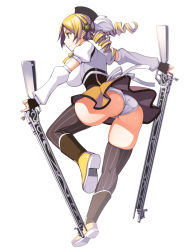 Rule 34 | 10s, 1girl, ass, beret, blonde hair, boots, breasts, brown thighhighs, detached sleeves, drill hair, dual wielding, fingerless gloves, from behind, full body, gloves, gun, hair ornament, hairpin, hat, highres, holding, large breasts, leg up, legs, magical girl, magical musket, mahou shoujo madoka magica, mahou shoujo madoka magica (anime), panties, pantyshot, pinky out, pleated skirt, puffy sleeves, ribbon, rifle, shirt, simple background, skindentation, skirt, solo, standing, standing on one leg, striped clothes, striped thighhighs, taut clothes, taut shirt, thighhighs, thighs, tomoe mami, torigoe takumi, twin drills, twintails, underwear, upskirt, vertical-striped clothes, vertical-striped thighhighs, weapon, wedgie, white background, white panties, yellow eyes