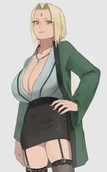 Rule 34 | 1girl, black skirt, blonde hair, breasts, closed mouth, facial mark, forehead mark, garter straps, grey kimono, hand on own hip, happi, highres, huge breasts, japanese clothes, jewelry, kimono, long hair, looking at viewer, mature female, nail polish, naruto, naruto (series), necklace, niwatori5948, pencil skirt, red nails, sagging breasts, short eyebrows, simple background, skirt, smirk, solo, standing, thighhighs, tsunade (naruto), white background, yellow eyes