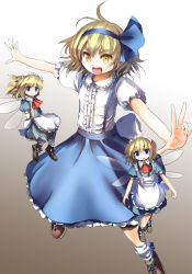 Rule 34 | 1girl, alice margatroid, alice margatroid (pc-98), apron, ascot, bad id, bad pixiv id, blonde hair, blue dress, blue eyes, culter, dress, female focus, hair ribbon, long hair, maid headdress, mystic square, open mouth, outstretched arms, ribbon, shanghai doll, shirt, short hair, skirt, smile, solo, suspender skirt, suspenders, touhou, touhou (pc-98), wings, yellow eyes