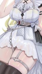 Rule 34 | 1girl, absurdres, blonde hair, breasts, dalcom, dress, highres, hololive, large breasts, long hair, official alternate costume, solo, thighs, tsunomaki watame, tsunomaki watame (watame night fever!!), virtual youtuber, white background, white dress