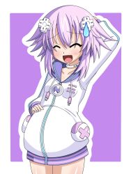 Rule 34 | 10s, 1girl, big belly, chagama (tyagama0927), choker, d-pad, female focus, hair ornament, highres, neptune (neptunia), neptune (series), open mouth, power symbol, pregnant, purple hair, solo, sweatdrop