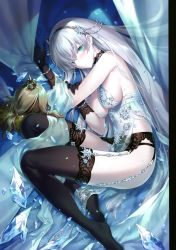 Rule 34 | 1girl, absurdres, anastasia (fate), artoria pendragon (fate), artoria pendragon (lancer alter) (fate), artoria pendragon (lancer alter) (fate) (cosplay), artoria pendragon (lancer alter) (royal icing) (fate), black gloves, black panties, black thighhighs, blue eyes, blush, breasts, cosplay, curtains, elbow gloves, fate/grand order, fate (series), garter belt, garter straps, gloves, highres, ice shard, kousaki rui, lace, lace-trimmed gloves, lace-trimmed legwear, lace trim, lingerie, long hair, lying, medium breasts, negligee, official alternate costume, on side, panties, scan, sideboob, signature, thighhighs, underwear, white hair