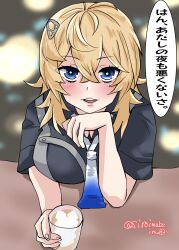 Rule 34 | absurdres, black shirt, blonde hair, blue eyes, blue neckerchief, breasts, commentary request, glass, gradient neckerchief, hair ornament, hairclip, highres, kantai collection, kitahama (siroimakeinu831), large breasts, looking at viewer, medium hair, neckerchief, one-hour drawing challenge, open mouth, shirt, teeth, tuscaloosa (kancolle), twitter username, upper body, upper teeth only