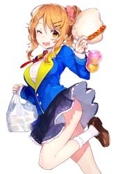 Rule 34 | 1girl, ;d, ass, bag, blazer, blush, breasts, brown eyes, brown footwear, brown hair, butsuriteki ni koritsu shiteiru ore no koukou seikatsu, cotton candy, food, from side, grocery bag, hair between eyes, hair ornament, hair scrunchie, hairclip, hands up, highres, holding, holding food, hot dog, jacket, loafers, long hair, long sleeves, looking at viewer, medium breasts, mika pikazo, official art, one eye closed, open mouth, purple skirt, scrunchie, shoes, shopping bag, side ponytail, sidelocks, simple background, skirt, smile, socks, solo, water balloon, wavy hair, white background, white socks