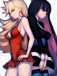 Rule 34 | 10s, 2girls, black hair, blonde hair, blue eyes, blunt bangs, breasts, cleavage, covered erect nipples, dress, fumio (rsqkr), hand on own hip, legs, long hair, multicolored hair, multiple girls, panties, panty &amp; stocking with garterbelt, panty (psg), pantyshot, pink hair, red dress, short dress, siblings, sisters, sketch, smile, stocking (psg), striped clothes, striped thighhighs, thighhighs, two-tone hair, underwear, v arms, zettai ryouiki