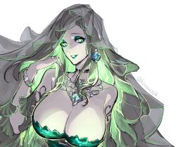 bare_shoulders black_hair breasts character_request choker cleavage colored_inner_hair detached_sleeves dress earrings eyelashes eyeshadow green_eyes green_eyeshadow green_hair green_lips indie_virtual_youtuber jewelry lace lace_choker large_breasts lipstick long_hair looking_at_viewer makeup mascara multicolored_hair necklace parted_lips pota_(bluegutty) see-through see-through_veil smile twitter_username upper_body veil virtual_youtuber white_background
