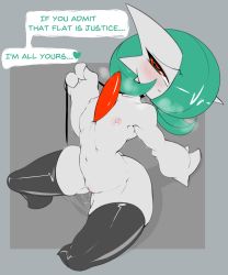 Rule 34 | 1girl, absurdres, arm support, black thighhighs, blush, bob cut, border, breath, cleft of venus, collar, collarbone, colored skin, creatures (company), english text, female focus, fir3born, flat chest, flat color, from above, full body, game freak, gardevoir, gen 3 pokemon, green hair, grey background, grey border, hair over one eye, half-closed eyes, hand up, heart, highres, holding, holding leash, leaning back, leash, looking at viewer, navel, nintendo, nipples, nude, one eye covered, outside border, parted lips, pet play, pokemon, pokemon (creature), pussy, pussy juice, red eyes, shiny clothes, short hair, simple background, sitting, sketch, skindentation, solo, speech bubble, spoken heart, spread legs, stomach, sweat, talking, thighhighs, uncensored, white skin, wide hips
