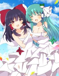 Rule 34 | 2girls, absurdres, banned artist, black hair, blue sky, blush, bow, breasts, bridal gauntlets, cleavage, closed eyes, cloud, collarbone, day, dress, female focus, frog hair ornament, gloves, green hair, hair bow, hair ornament, hair tubes, hakurei reimu, highres, holding, holding weapon, interlocked fingers, kochiya sanae, large breasts, long hair, medium hair, multiple girls, open mouth, outdoors, petals, red eyes, sky, small breasts, smile, touhou, weapon, wedding dress, white dress, white gloves, wife and wife, yuri, zerokosan