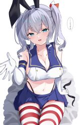 Rule 34 | 1girl, black hairband, black neckerchief, black panties, blue eyes, blue sailor collar, blue skirt, breasts, calin, cleavage, commentary request, cosplay, crop top, elbow gloves, gloves, grey hair, hairband, highleg, highleg panties, highres, kantai collection, kashima (kancolle), large breasts, long hair, looking at viewer, microskirt, miniskirt, neckerchief, panties, sailor collar, shimakaze (kancolle), shimakaze (kancolle) (cosplay), sitting, skirt, smile, solo, striped clothes, striped thighhighs, thighhighs, twintails, underwear, wavy hair, white gloves