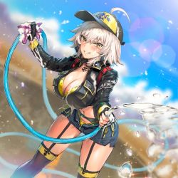 Rule 34 | 1girl, ahoge, baseball cap, black hat, black jacket, black thighhighs, blue sky, blurry, blurry background, blush, breasts, cleavage, collarbone, cropped jacket, day, denim, denim shorts, fate (series), garter straps, grin, hair between eyes, hair through headwear, hat, hose, jacket, jeanne d&#039;arc (fate), jeanne d&#039;arc alter (avenger) (fate), jeanne d&#039;arc alter (fate), large breasts, looking at viewer, midriff, navel, pyz (cath x tech), short hair, shorts, silver hair, sky, smile, solo, sparkle, thighhighs, thighs, towel, water, yellow eyes