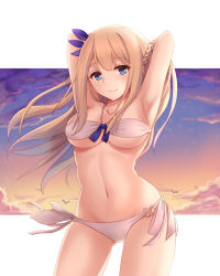 Rule 34 | 1girl, armpits, arms behind head, arms up, bikini, bird, blonde hair, blue eyes, blush, breasts, cleavage, closed mouth, cloud, collarbone, contrapposto, cowboy shot, evening, flying, front-tie top, gluteal fold, groin, hair ornament, halterneck, hands in hair, highres, letterboxed, lexington (warship girls r), long hair, looking at viewer, medium breasts, navel, o-ring, o-ring bikini, o-ring bottom, orange sky, outside border, panties, side-tie bikini bottom, sky, smile, solo, standing, star (sky), starry sky, stomach, swimsuit, thighs, underwear, warship girls r, white bikini, white panties, wind, yuemanhuaikong